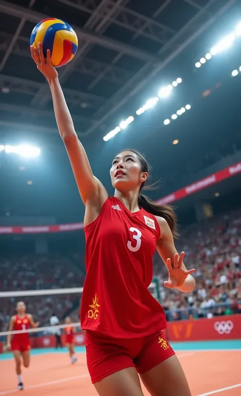 Chinese women&#39;s volleyball team，18-year-old beauty，Fair skin，The facial features are delicate，Beautiful sexy face，（Korean plastic surgery face），Olympic finals，spike，Pass，Run and jump，Intense and exciting，Red jersey，Olympic Games background