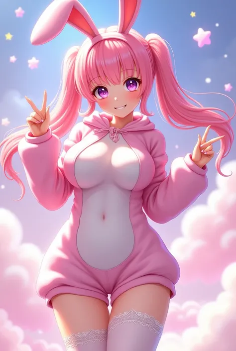 beautiful white woman, anime woman, wearing thigh high, big ass, pinky, cute, kawaii, bunny suit, not realistic, poster