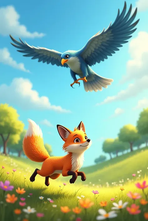 COMPANY IMAGE OF A GOLDEN FOX AND A BLUE HAWK ANIMATED FOR CHILDREN A LITTLE REALISTIC 
