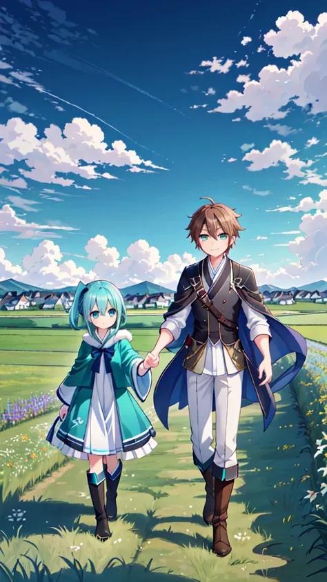 {
  "Wide view of Aqua and Kazuma walking through a vast green field towards a distant town. Aqua is leading the way with a confident smile, her dress flowing in the breeze, while Kazuma follows, looking a bit apprehensive but curious. The sky is bright bl...