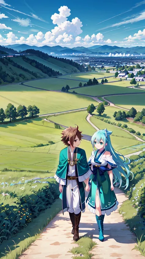 {
  "Wide view of Aqua and Kazuma walking through a vast green field towards a distant town. Aqua is leading the way with a confident smile, her dress flowing in the breeze, while Kazuma follows, looking a bit apprehensive but curious. The sky is bright bl...