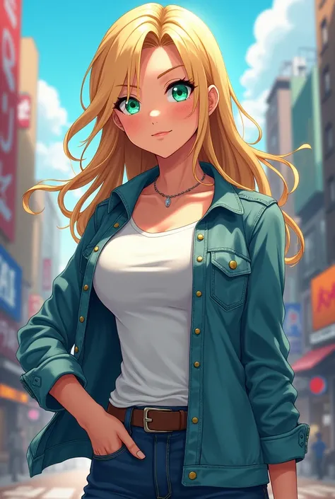 Create an adult woman in anime style my hero academia. waist length blonde wavy hair look, Jade eyes, clear skin. CLOTHES: white t-shirt and denim jacket.