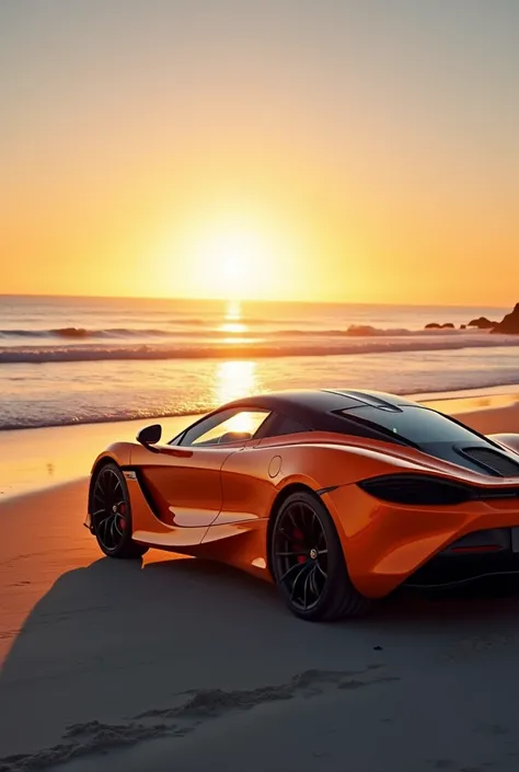 A stunning photograph of a vibrant orange McLaren 720s automobile, prominently displayed on a serene beach during sunset. The cars sleek design, black rims, and polished surface are accentuated by the warm, golden glow of the setting sun. The background re...