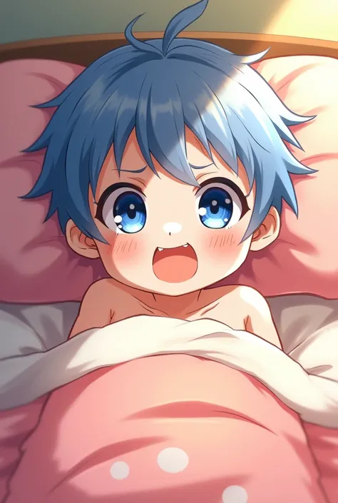 animation、Lie face up on the bed、cute、、Shota、Kuroku、Blue Eyes、both shoulders exposed、White skin、Blushing、Sweat it out、2d，Sexy