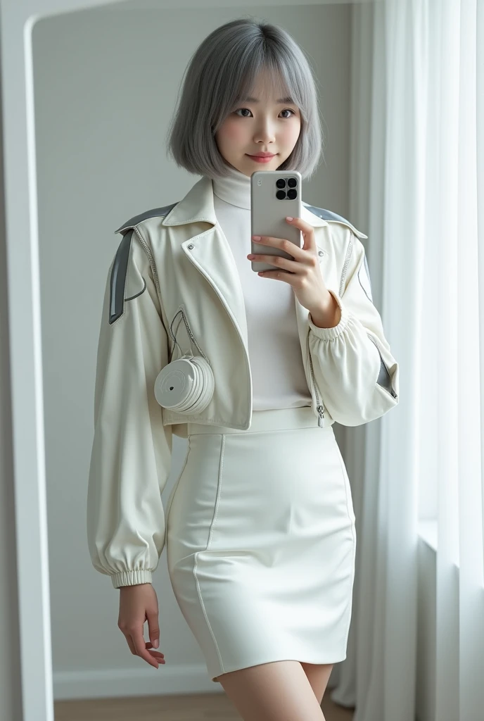 highly detailed, beautiful, hyper Realistic girl, masterpiece, best quality, Japanese sexy gravure woman, 28 years old, identity hidden, takes a selfie in her room using a smartphone in front of a mirror with one hand, fashion model Posing, looking away fr...