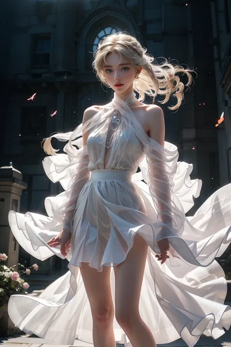 ((Girl standing in front of the castle wall))、Fluorescent color、One Girl、Look to the side、Beautiful Face、Beautiful Eyes、(Big Blue Eyes)（From the shoulder down：1。 2）、（Golden white hair）、Shiny Hair、Glowing Skin、Reduce glare、Finger Proportion Adjustment、Escro...