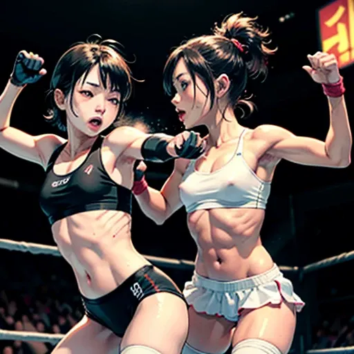 two bloody beautiful Japanese female fighters are fighting by bareknuckle boxing in the octagon fighting ring of underground arena with audience. A fierce exchange of dynamic punches. they are beating each other so hard. survival battle. whole body picture...