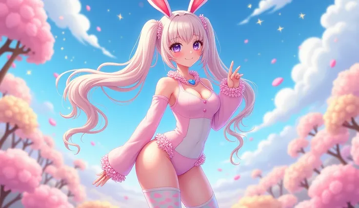 beautiful white woman, anime woman, wearing thigh high, big ass, pinky, cute, kawaii, bunny suit, not realistic, poster