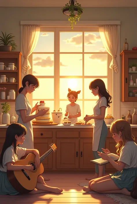 Make me a picture where there are 5 people cooking desserts and one is playing guitar and another is reading , also make a sun , and some grey clouds