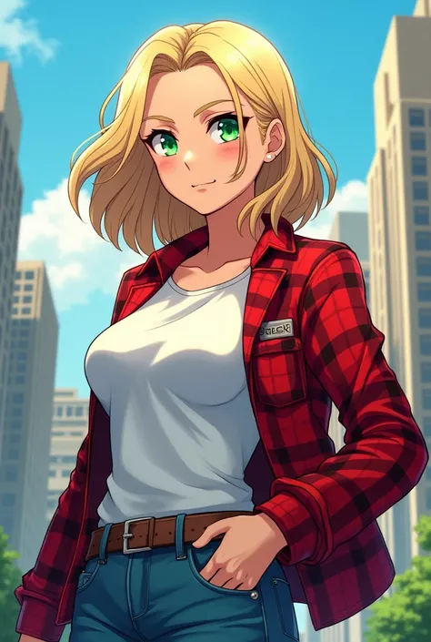 Create an adult woman in anime style my hero academia. waist length blonde wavy hair look, Jade eyes, clear skin. CLOTHES: white t-shirt and red plaid jacket.