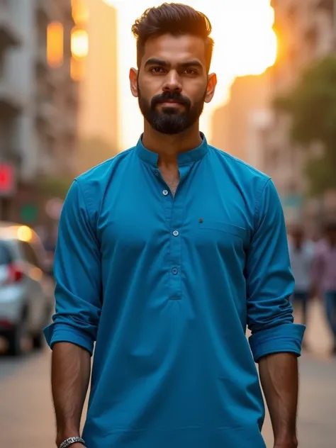 man with a beard and a blue shirt posing for a picture, promotional portrait, wearing a kurta, cinematic full shot, confident relaxed pose, with a beard and a black shirt, portait photo profile picture, portrait of a handsome, a portrait of rahul kohli, pr...