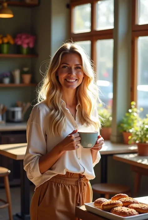 Blonde posing with a coffee in her hand and smiling 
