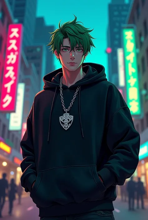 Green hair male mini character silver necklace black hoodie hero pose
