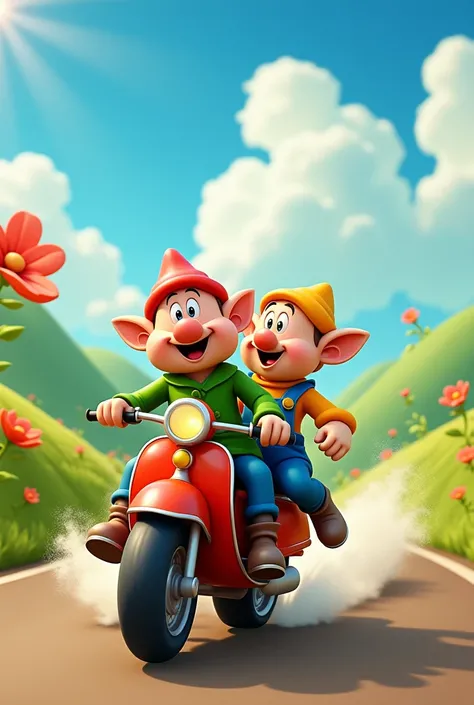 MOTORCYCLE WITH TWO DWARFS IN A CARTOON
