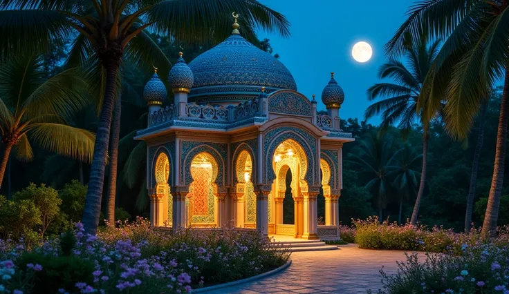 A tiny mosque in the style of Samarkand Uzbek architecture in the middle of an Indonesian coconut forest with a pastel flower garden nearby at night Beachside, View inside the mosque