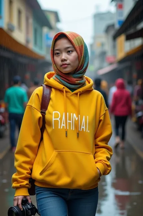 genitals, UHD, Javanesian, girl, woman, lady, female, hijab, scarf, pale skin, , cute face, plump body, city, crowds, holding camera, Noon, rainy, wet body, sweaty, wearing yellow Hoodie with "RAHMA" letter, tight jeans