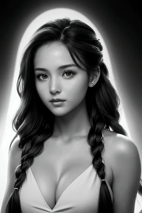 realistic photo, multi-award-winning image, play of lights, black and white, photographic shot from the FRONT in full body, the shot is of the whole body, image quality is: HD 8K, discreet and defined lights reflecting in her beautiful eyes,
perfect and de...