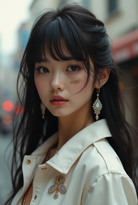 masterpiece, high resolution, screenshot, best quality, 1 Girl, (Scar above the left eye), White short jacket, Very detailed, Rule of Thirds, Jewelry, Long hair, Bangs, Hair between the eyes