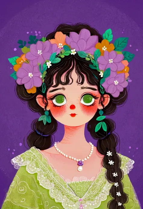 a girl in a green lace dress and a wreath on her head,big eyes，pearl necklace，exaggerated expression，lovely art style, lo-fi gir...