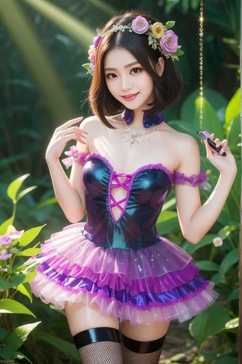 sexy stylish Thai model who controls poison、beautiful smile、lipgloss、long lashes、dramatic makeup、look at the camera、full body Esbian、、sparkling poisoned enchanted lucid flower costume with flowers、、、、shiny sparkling colorful short hair、secrete poison、skull...