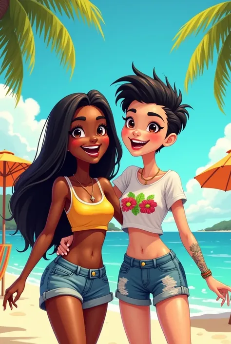 A couple of girls, a Caribbean brunette with straight black hair, and the other white with short black hair like a man, cartoon mode.