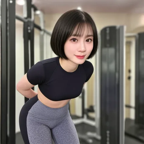 (kawaii 24 year-old Japanese girl, Nogizaka idol, Korean idol), healthy female athlete body, (glossy black hair, short hair, pixie cut, bangs:1.3), (rounded face, pure black eyes, single eyelid, no makeup, soft smile:1.2), (wearing training shirt, grey spo...