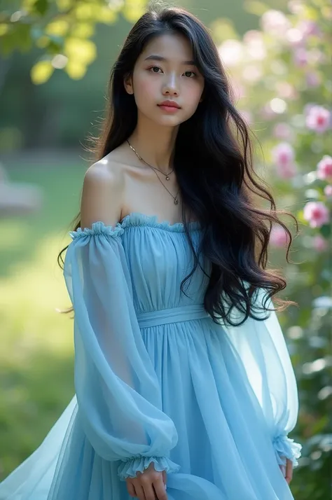 A 19-year-old girl, with long, wavy black hair, blue eyes, pale skin, angular face, very beautiful, thick lips. Dressed in a long dress made of light sky blue fabric with long sleeves.