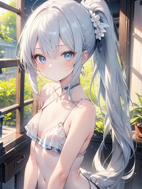 masterpiece, Highest quality, High resolution, One Girl, ponytail, Light blue eyes, Hair between the eyes, bangs, Silver Hair, clavicle, Halter neck, chest, Very long hair, small, School Swimsuit