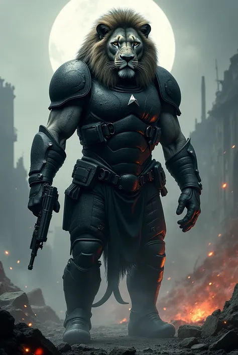 Lion wearing black armor with full Of guns 