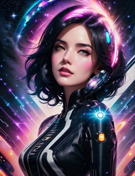 a woman with a black hair and a black top is standing in front of a galaxy, beeple and jeremiah ketner, artgerm julie bell beeple, neoartcore and charlie bowater, jen bartel, greg beeple, stunning digital illustration, alice x. zhang, artgerm jsc, rossdraw...