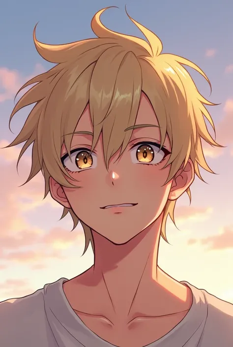 manga boy, 3:4 frame, light blonde hair 4:3 style, sharp eyes, thin lips, mole under eye, only neck and collarbone exposed, standard facial ratio not fake, handsome not boy