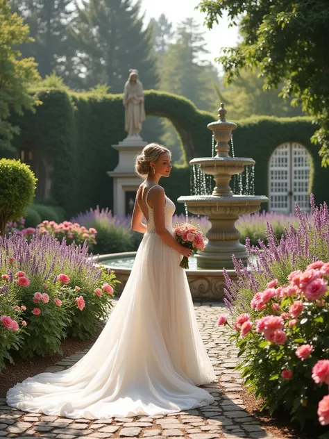 1 Bride in a charming European ((flower garden)) in morning light, rays of light, featuring classic, historic architecture., cinematic lighting, The shot includes an ornate stone fountain as the focal point, with water cascading into a beautifully designed...