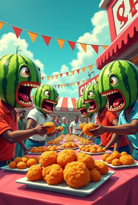 Black people fighting watermelon head people  for KFC chicken