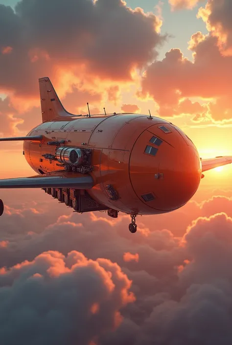 a flying lorry truck with plane wings, futuristic sci-fi airship, hyper-detailed, intricate machinery, dynamic motion blur, cinematic lighting, vibrant colors, dramatic angles, photorealistic, 8k, masterpiece. Shopee orange truck