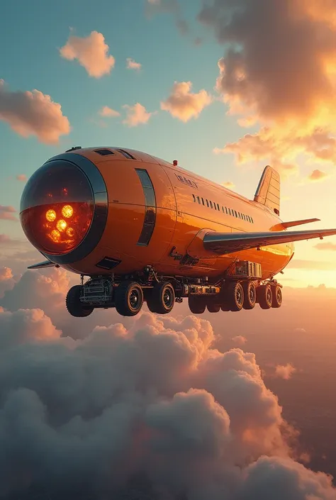 a flying lorry truck with plane wings, futuristic sci-fi airship, hyper-detailed, intricate machinery, dynamic motion blur, cinematic lighting, vibrant colors, dramatic angles, photorealistic, 8k, masterpiece. Shopee orange truck