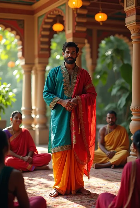 A picturein a traditional Indian way where a half man and half woman is teaching others man and woman to respect each gender 