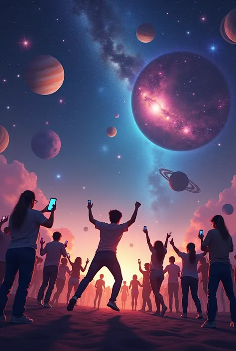 A new planet where only people play smartphone. Dancing on social media Someone held a phone and filmed another person dancing. Everyone has a mobile phone. people standing on stars in space Can see other planets in space