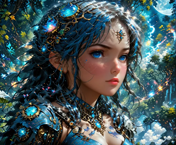 comic art, dnd art, rpg art, realistic art, female human druid of the stars, guardian of nature, controlling magical energy made of stars, swirling blue stary magical light, divine symbols, (under the sky filled with stars: 1.3), human female, busty, extre...