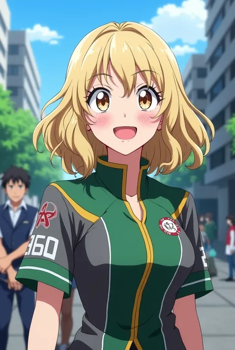 Screenshot of My Hero Academia. Girl with wavy ash blonde hair and shoulder length, butterfly cut, He has honey-colored eyes, White skin, big breasts and has a happy expression. Wearing the UA uniform.