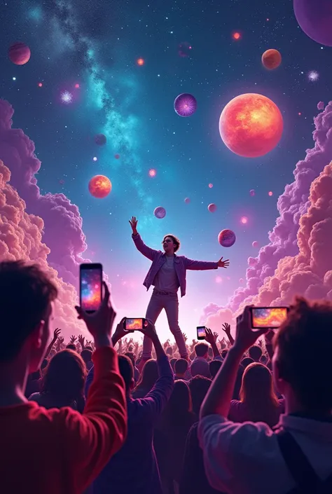 A new planet where only people play smartphone. Dancing on social media Someone held a phone and filmed another person dancing. Everyone has a mobile phone. people standing on stars in space Can see other planets in space