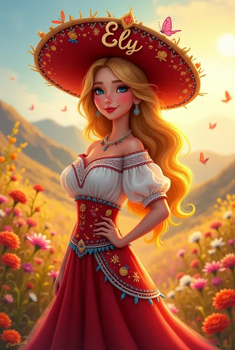 Mexican blonde woman with medium-long hair , traditional costume of Adelita , with the name ely on the hat Disney Version 