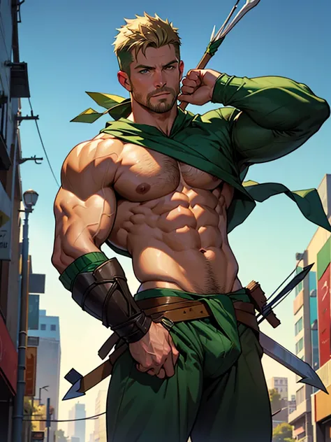 NSFW,8k, high quality , detailed face , detailed fingers ,detailed muscles  stephen amell as green arrow , wearing dark green outfit   , showing a dark blond short hair , a thick facial hair , hard nipples, a bulge ,hunk and handsome, shooting  his  arrows...