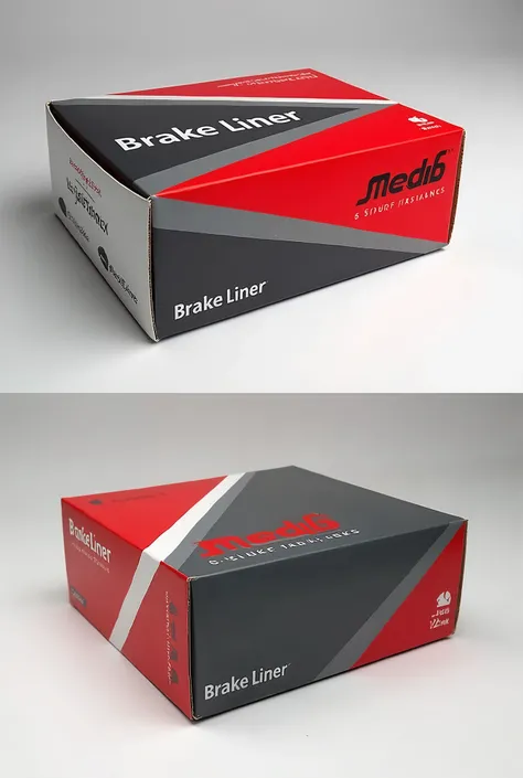 Packaging box for brake liners for motorcycle. The package color is red,ash and white the font color is black . Box dimensions are 14cm, 12cm, 4cm. 