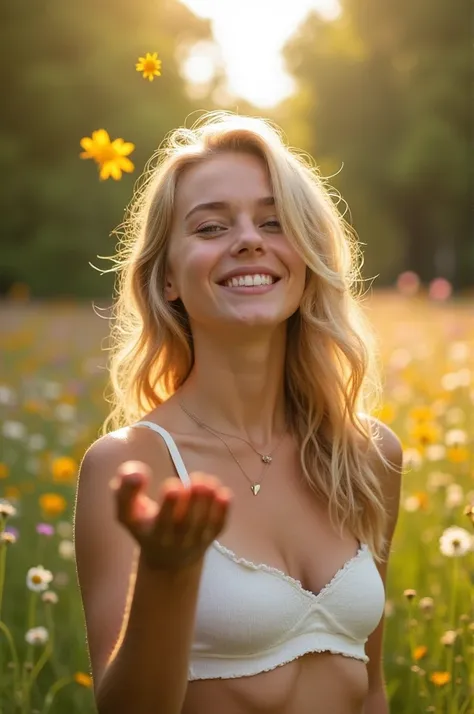 Blonde girl wearing a white bra top