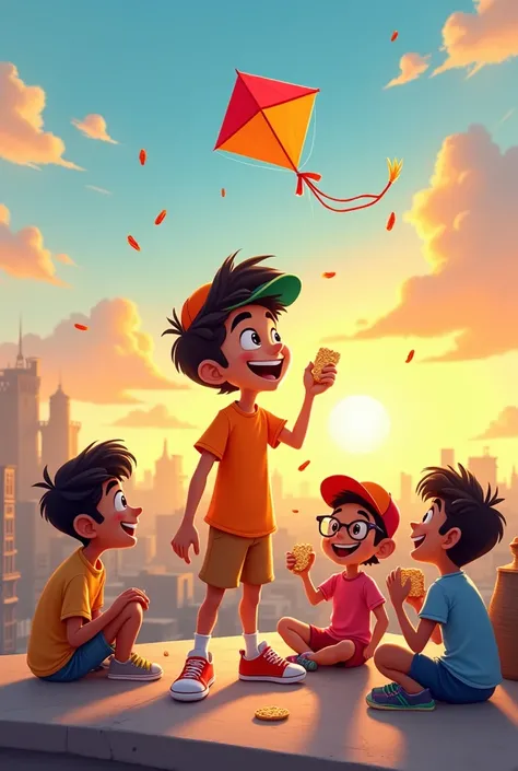 

**Prompt:**
"Create a 2D animated-style illustration of a character named Harsh enjoying time with friends on a rooftop. The scene should feature a kite named Kite from SKT flying in the sky. Harsh is on the rooftop with three friends: Yash, Kartik, and ...