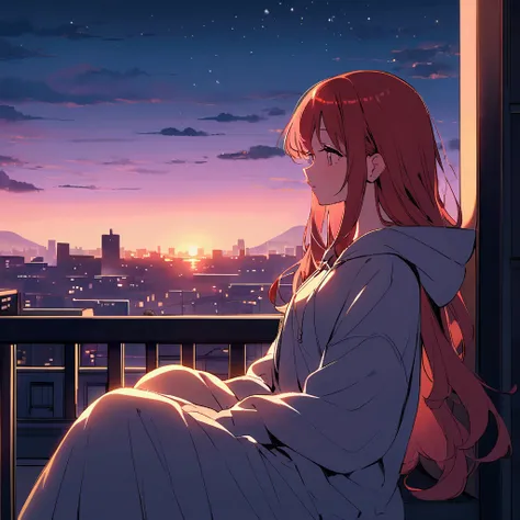 A young red-haired woman with long, flowing hair is sitting relaxed on a balcony at dusk. Shes dressed in an oversized hoodie and comfy pants, giving her a laid-back, cozy look. The atmosphere is calm and serene, with soft, warm lighting casting gentle sha...