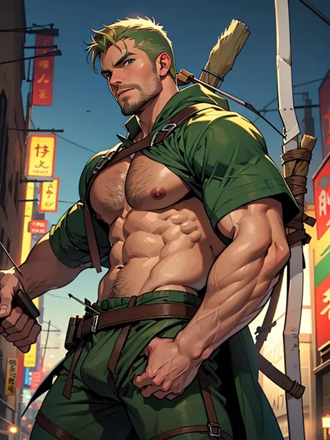 NSFW,8k, high quality , detailed face , detailed fingers ,detailed muscles  stephen amell as green arrow , wearing dark green outfit   , showing a dark blond short hair , a thick facial hair , hard nipples, a bulge ,hunk and handsome, shooting  his  arrows...