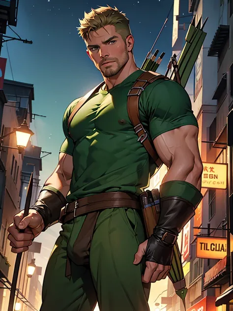 NSFW,8k, high quality , detailed face , detailed fingers ,detailed muscles  stephen amell as green arrow , wearing dark green outfit   , showing a dark blond short hair , a thick facial hair , hard nipples, a bulge ,hunk and handsome, shooting  his  arrows...