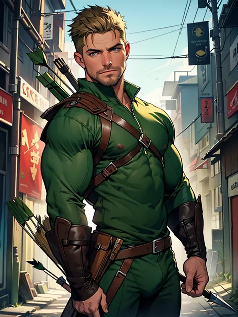 NSFW,8k, high quality , detailed face , detailed fingers ,detailed muscles  stephen amell as green arrow , wearing dark green outfit   , showing a dark blond short hair , a thick facial hair , hard nipples, a bulge ,hunk and handsome, shooting  his  arrows...