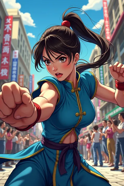 With anime-style drawings、Chun-Li being punched in the stomach